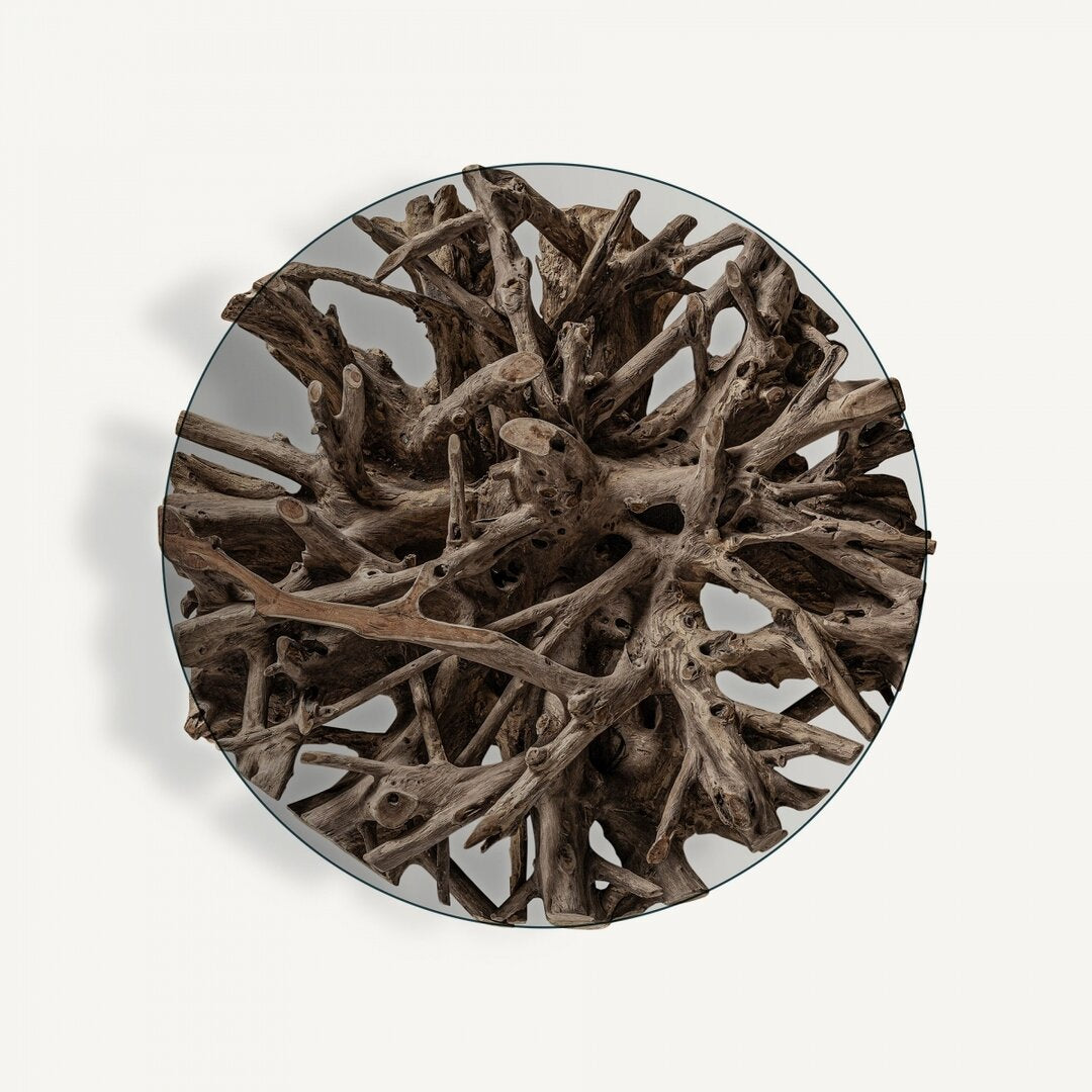 Tavolino cristallo base teak