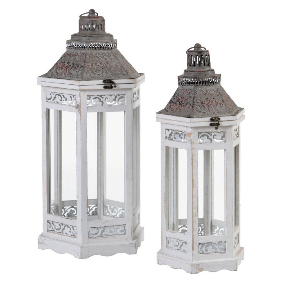 Gicos Set Di 2 Lanterne Porta Candele In Legno E Vetro, Stile Shabby Chic, Dimensioni 70 E 50 Cm, Colore Naturale