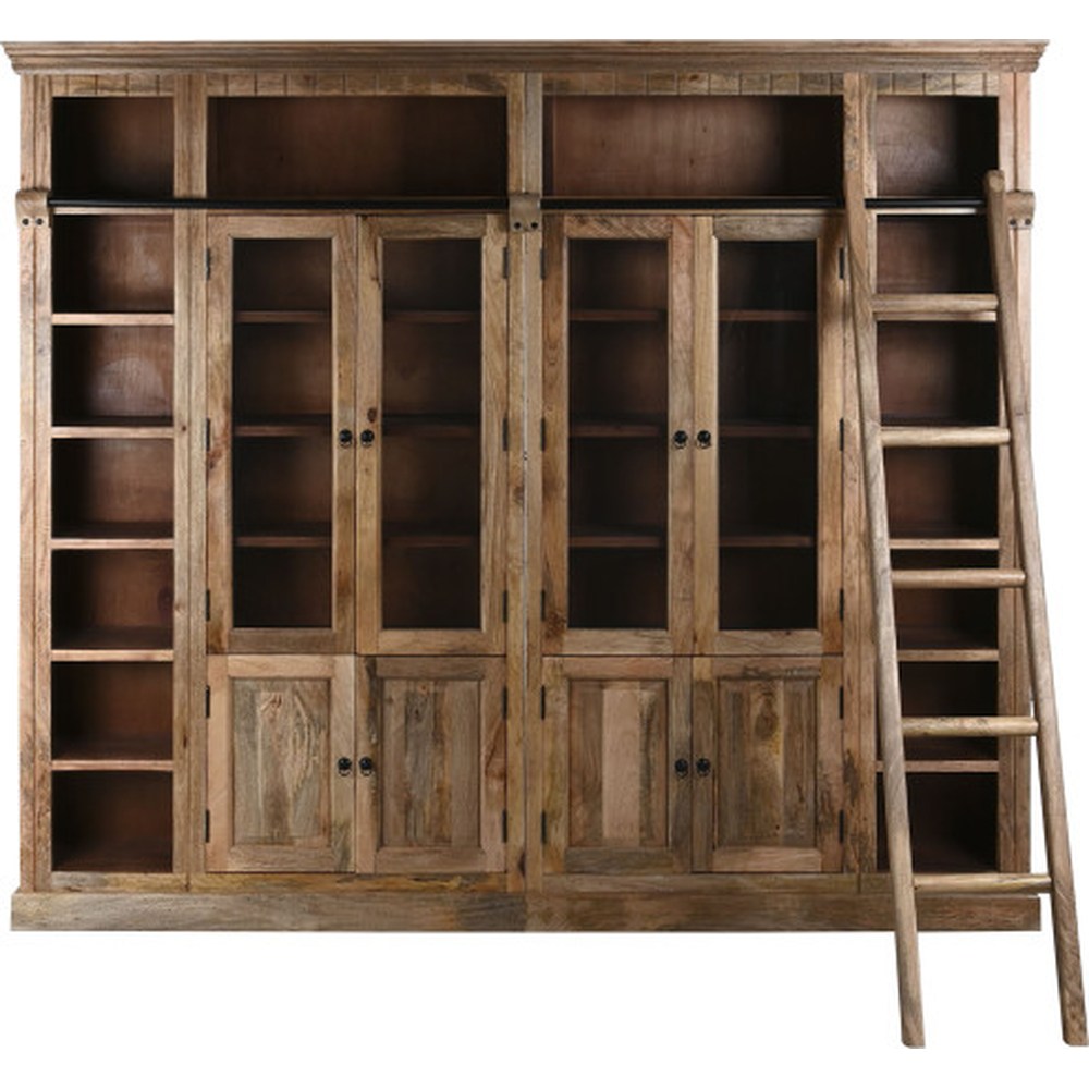 Libreria biblioteca con scala in legno massello di mango decapato