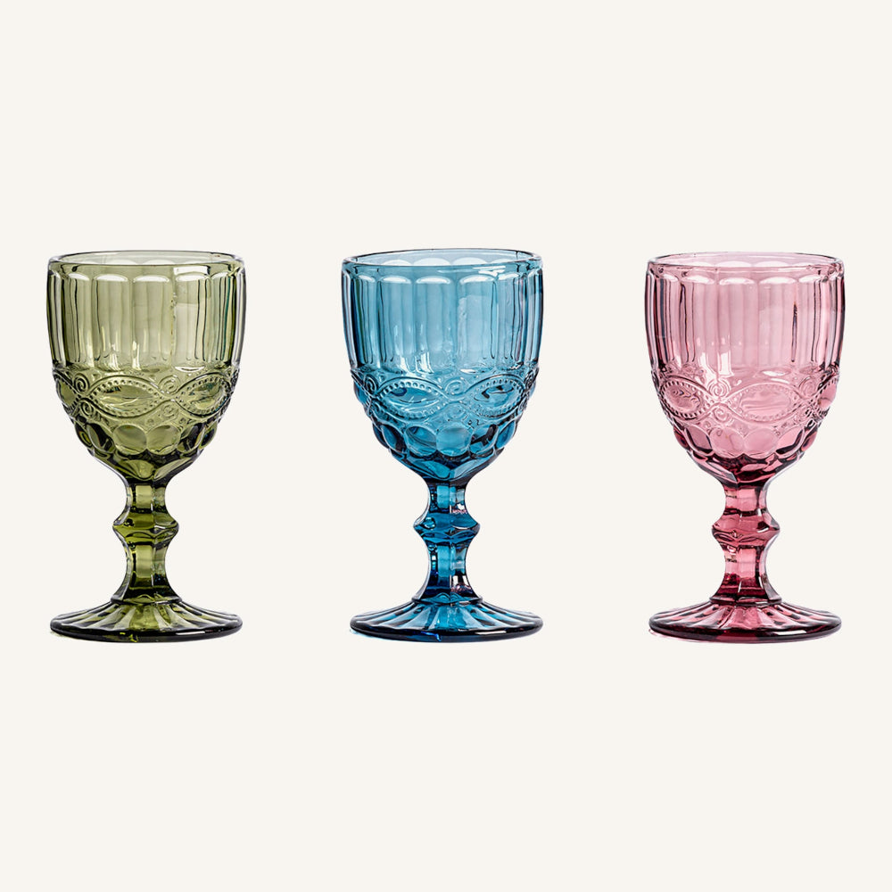 Set 3 calici vino blu verde rosa kitsh