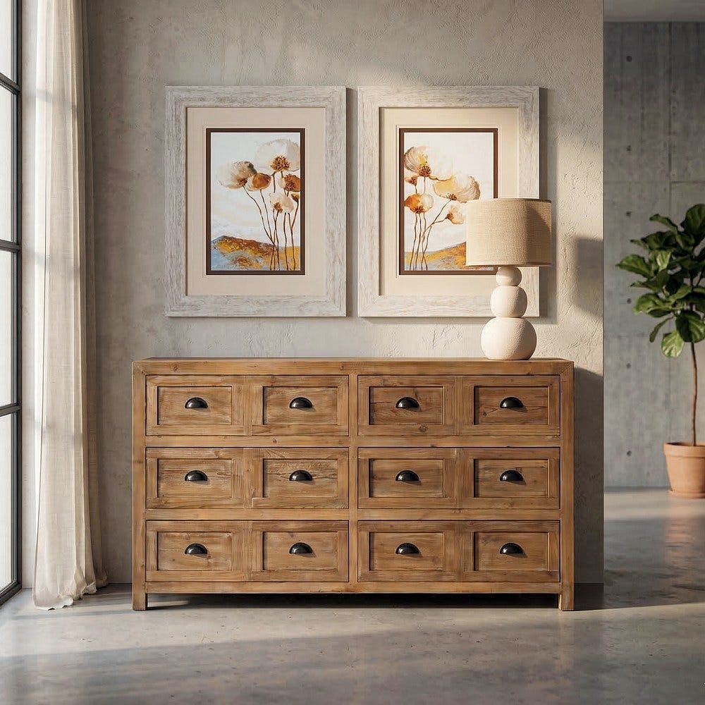Cassettiera country in legno riciclato con maniglie a conchiglia