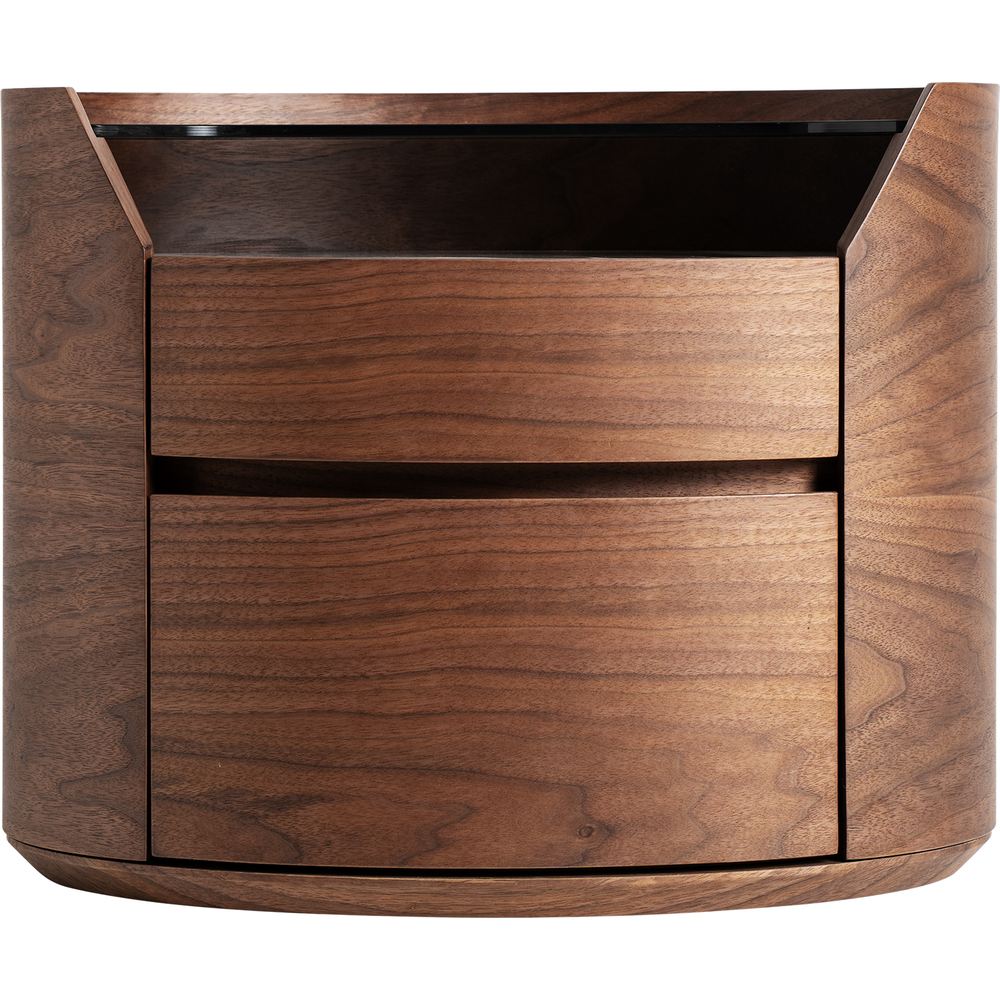 Comodino di design contemporaneo con due cassetti e vano a giorno