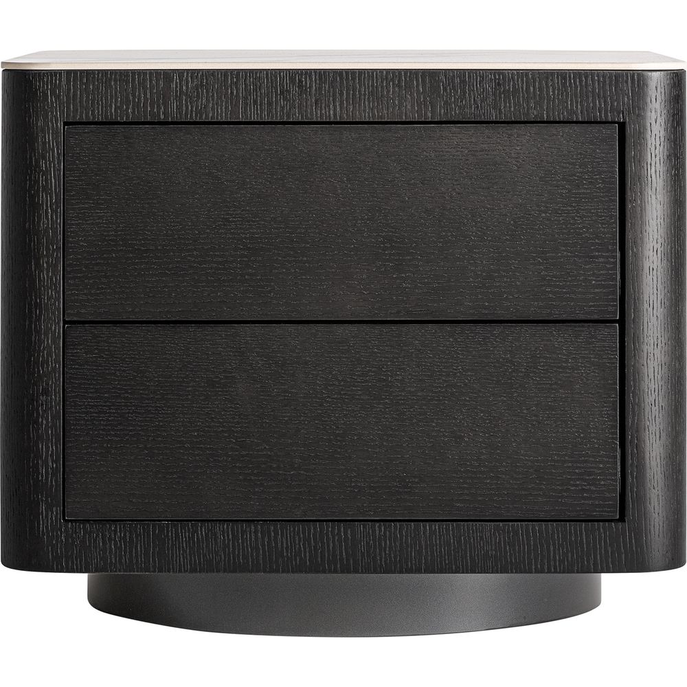 Comodino Art Déco di lusso in rovere grigio con piano in pietra bianca.