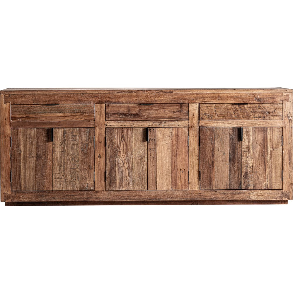 Credenza industriale in legno di recupero con struttura in ferro nero.