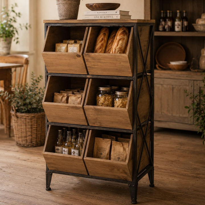 Espositore Industrial con Cassetti Inclinati in Legno e Metallo