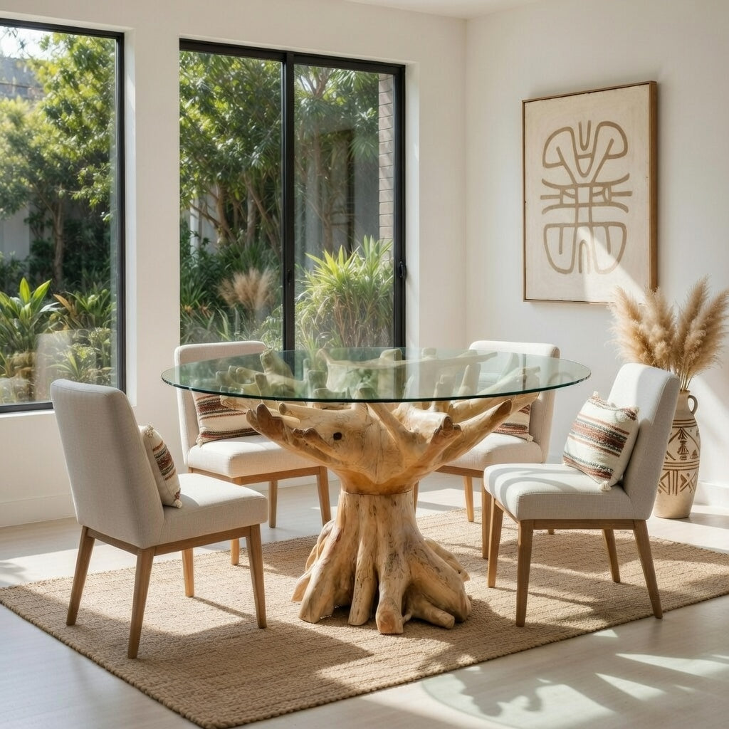 Tavolo Radice Teak con Piano in Vetro