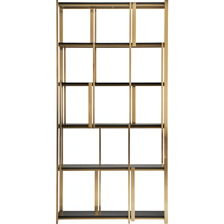 Libreria art decò in acciaio dorato e legno di quercia nera.