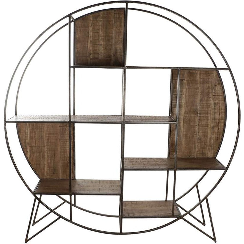 Libreria rotonda vintage in metallo nero e legno di acacia.