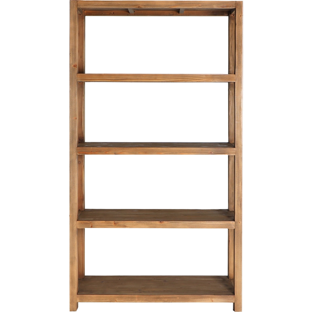 Libreria etnica in legno di olmo riciclato con finitura marrone naturale.