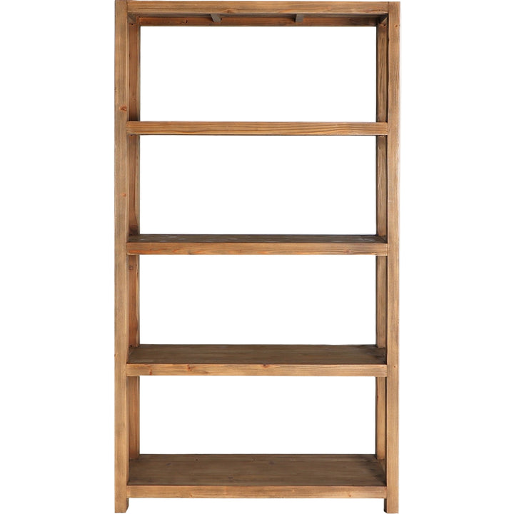 Libreria etnica in legno di olmo riciclato con finitura marrone naturale.