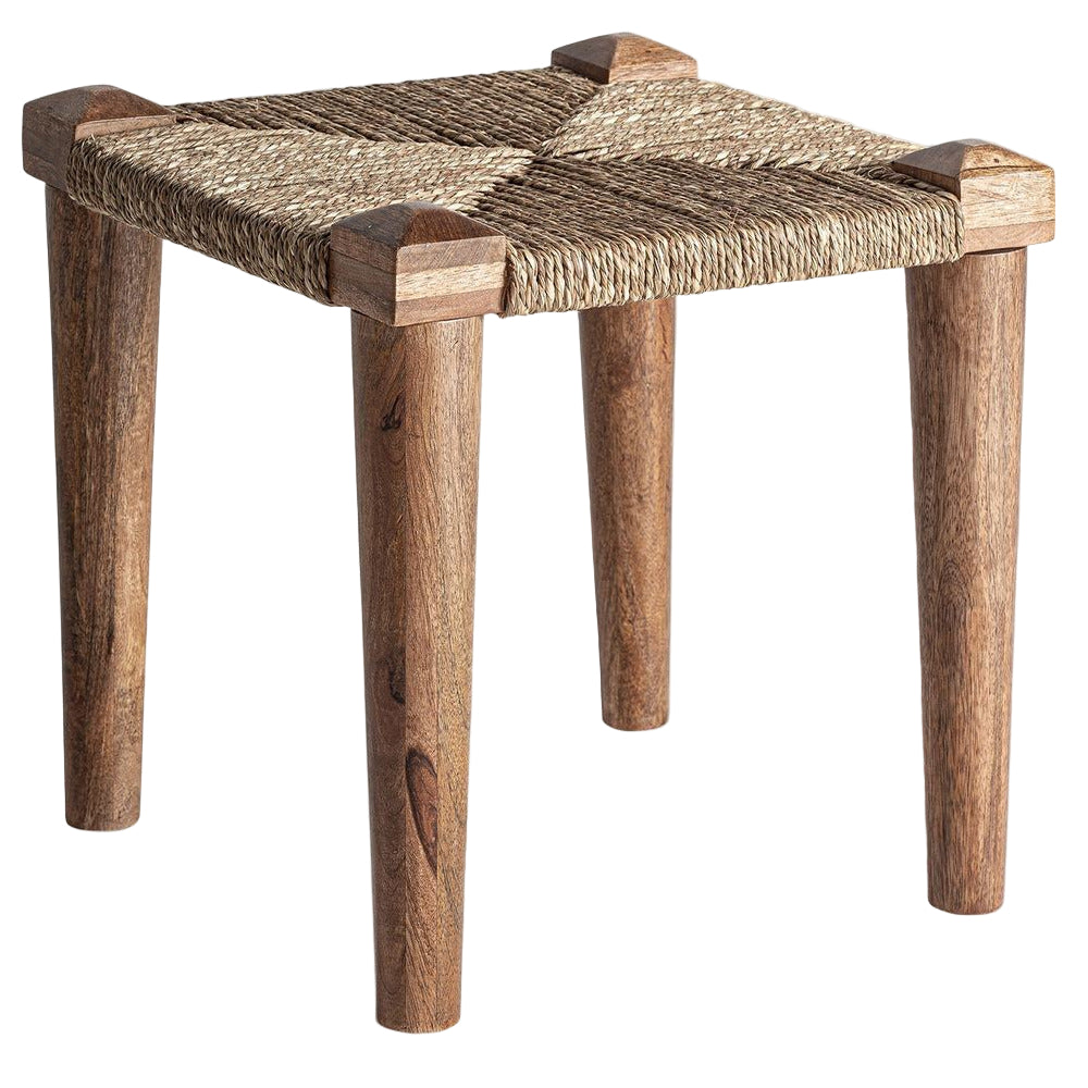 Panchetta boho chic in legno e fibra naturale per ambienti etnici