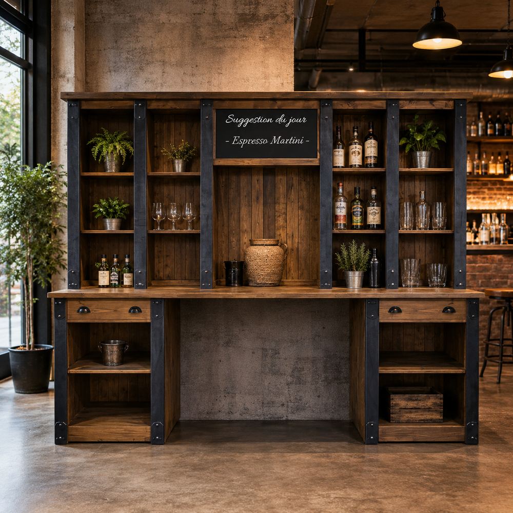 Mobile Retro Bar Industriale con Lavagna in Abete e Rovere