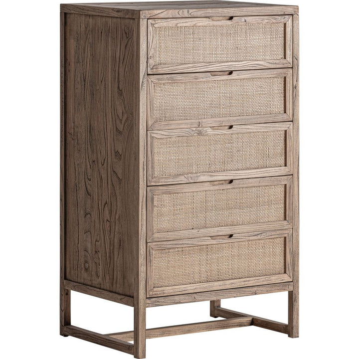 Cassettiera alta in legno di olmo e rattan naturale