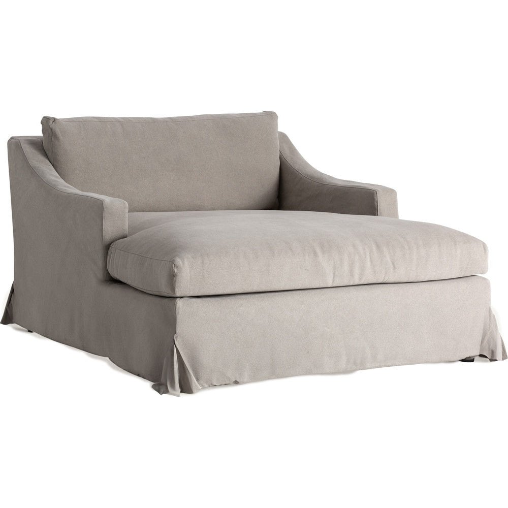 Sofà chaise longue di lusso in lino grigio con seduta extra profonda.