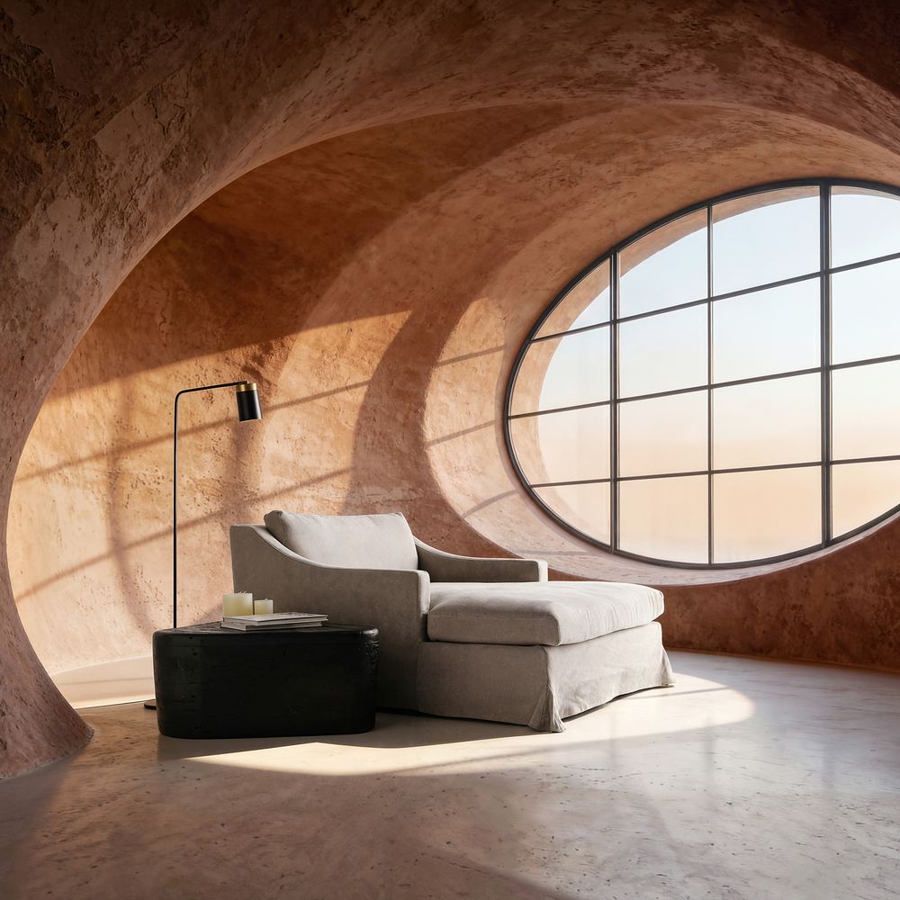 Chaise longue Contemporary Luxury rivestita in lino naturale sfoderabile.