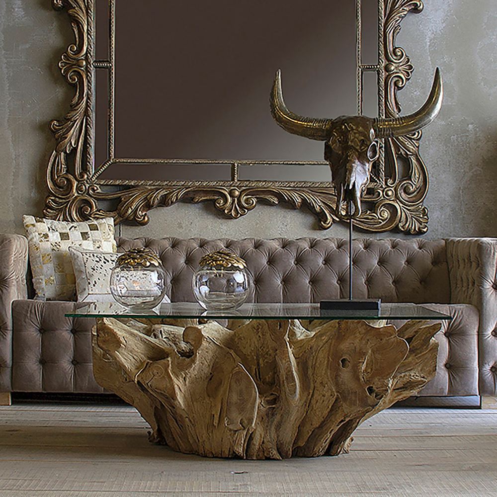 Tavolino cristallo base teak