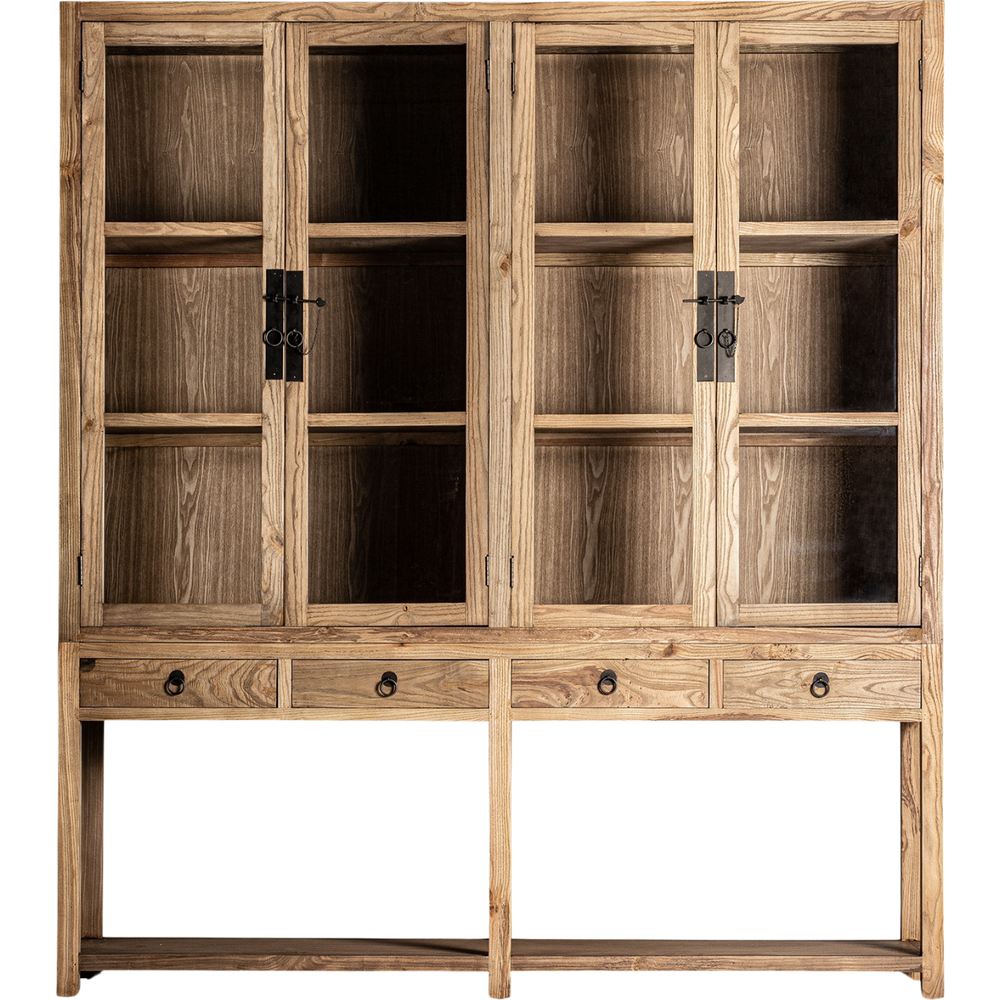 Vetrina doppia in legno di olmo naturale con finitura chiara.