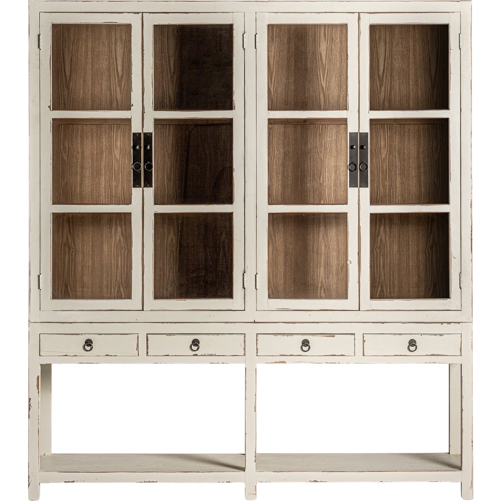 Vetrina doppia in legno di olmo bianco sporco con cassetti e ripiani.