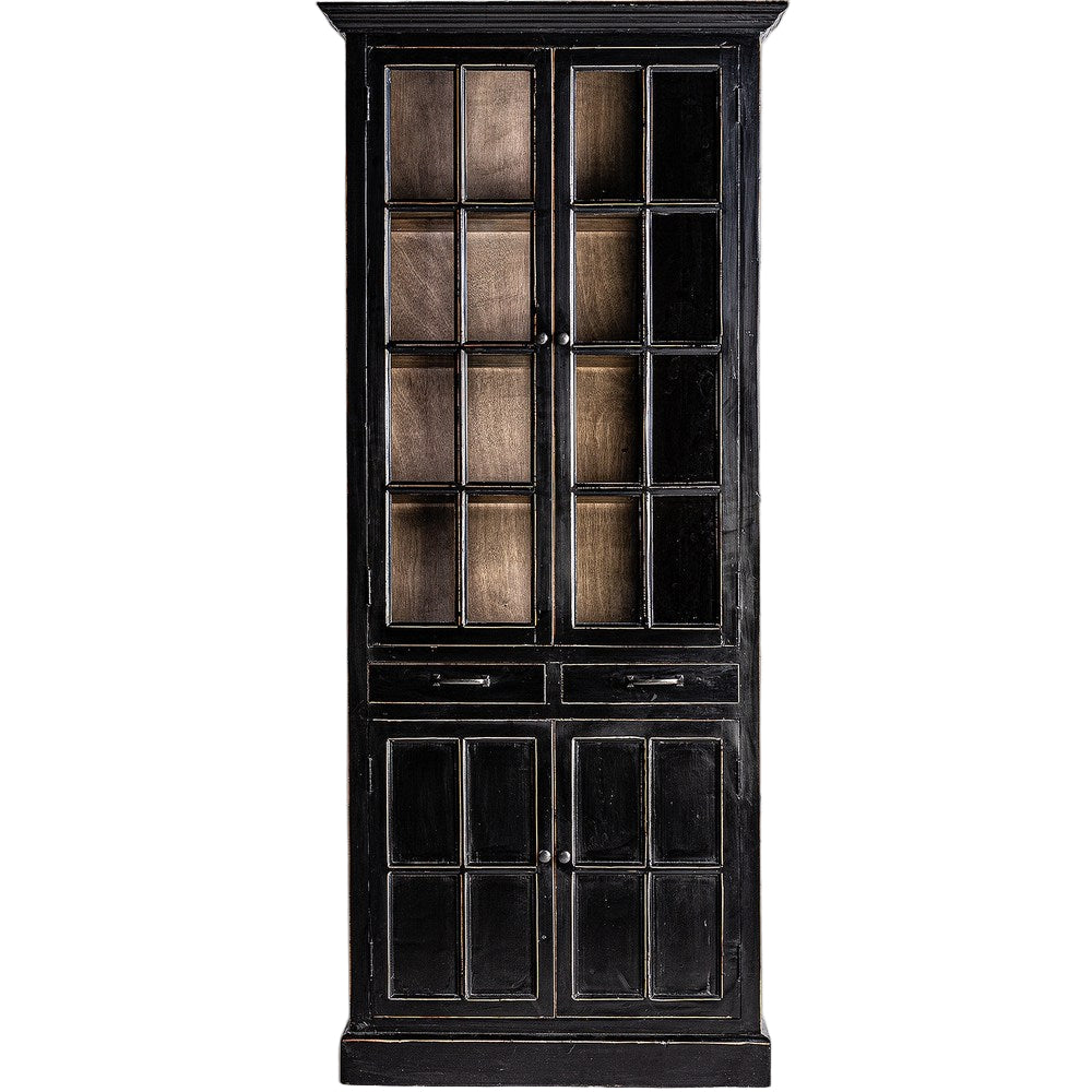 Vetrina libreria provenzale in legno di olmo nero e naturale.