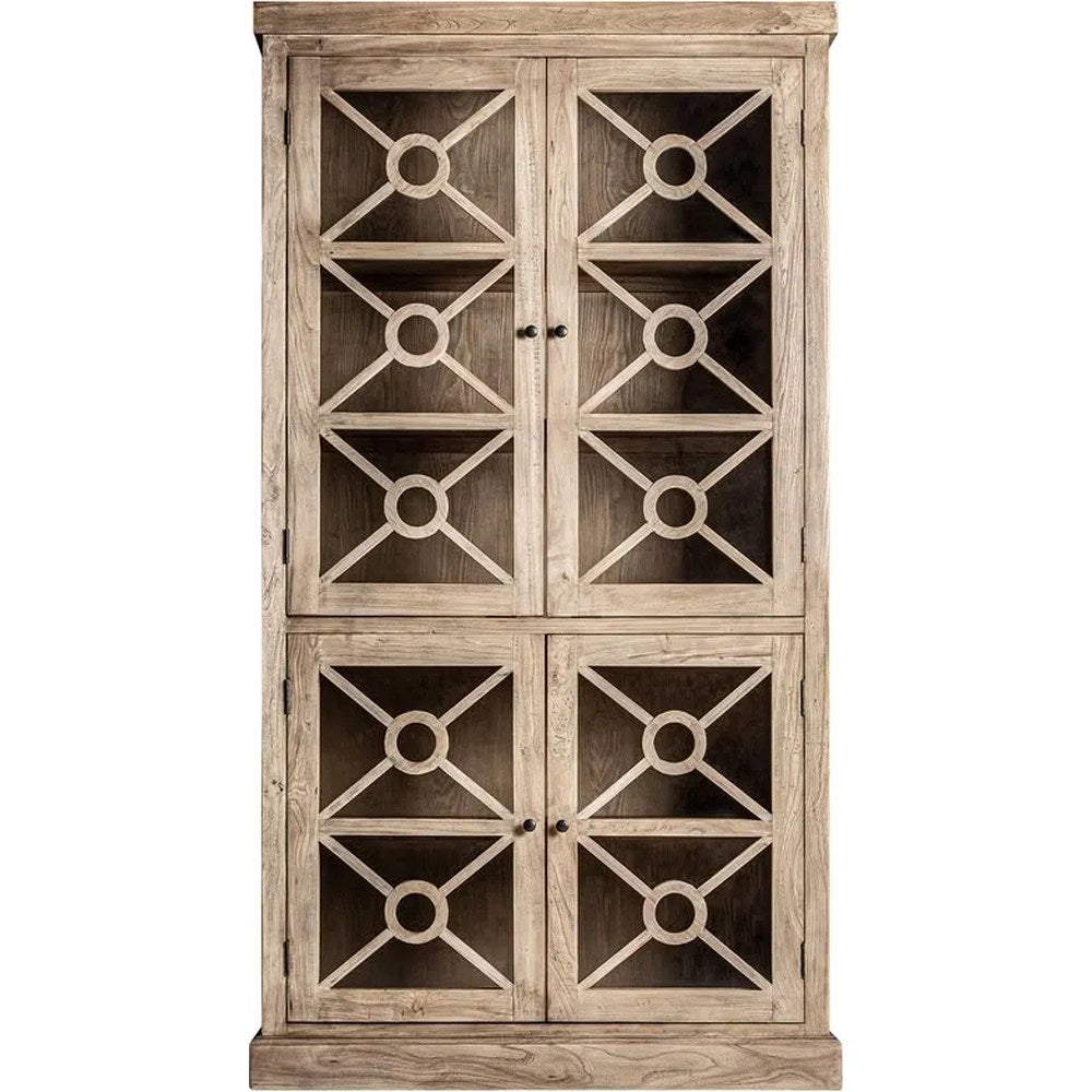 Vetrina coloniale in legno di olmo marrone a quattro ante