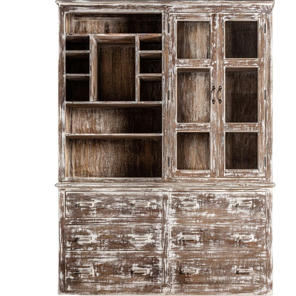 Vetrina rustica invecchiata in legno di mango con ante in vetro.